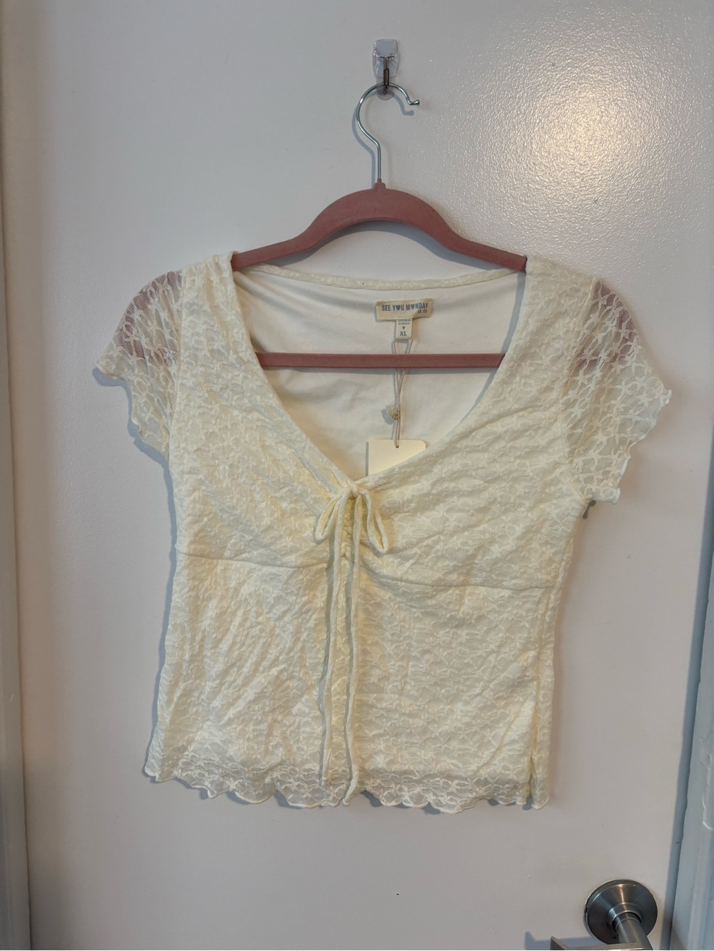 See You Monday Cream Lace Tie-Front Crop Top